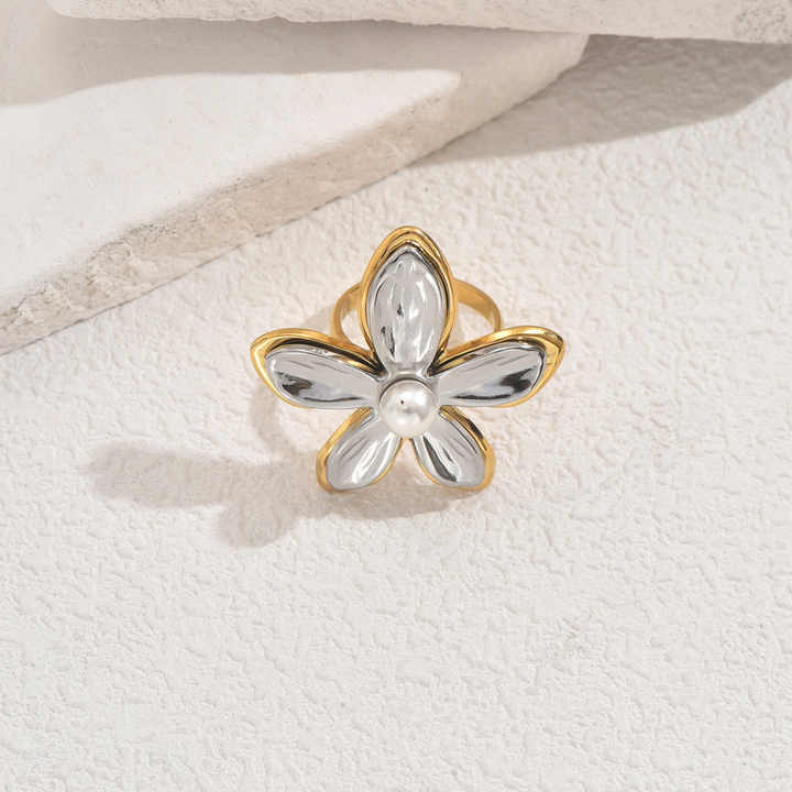Gold & Silver Dual-Tone Flower Design Pearl Bloom Statement Ring
