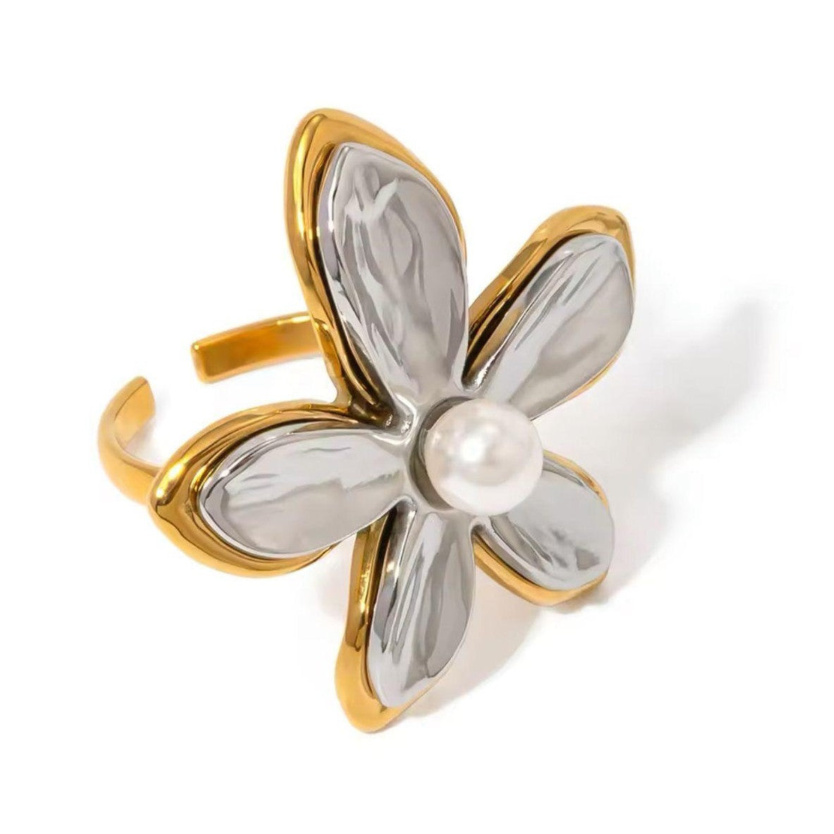 Gold & Silver Dual-Tone Flower Design Pearl Bloom Statement Ring