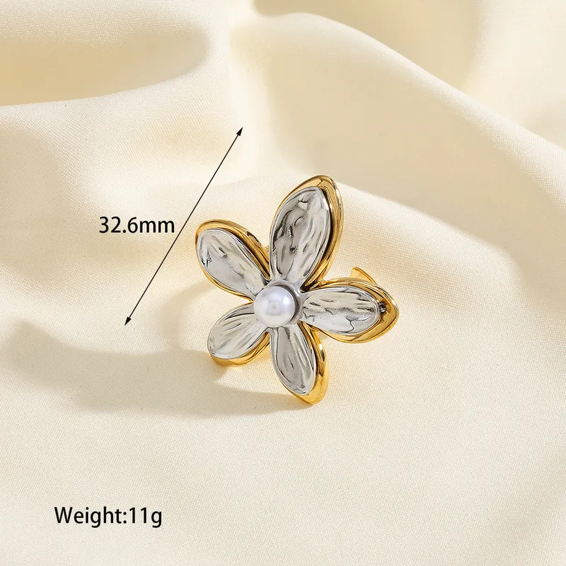 Gold & Silver Dual-Tone Flower Design Pearl Bloom Statement Ring