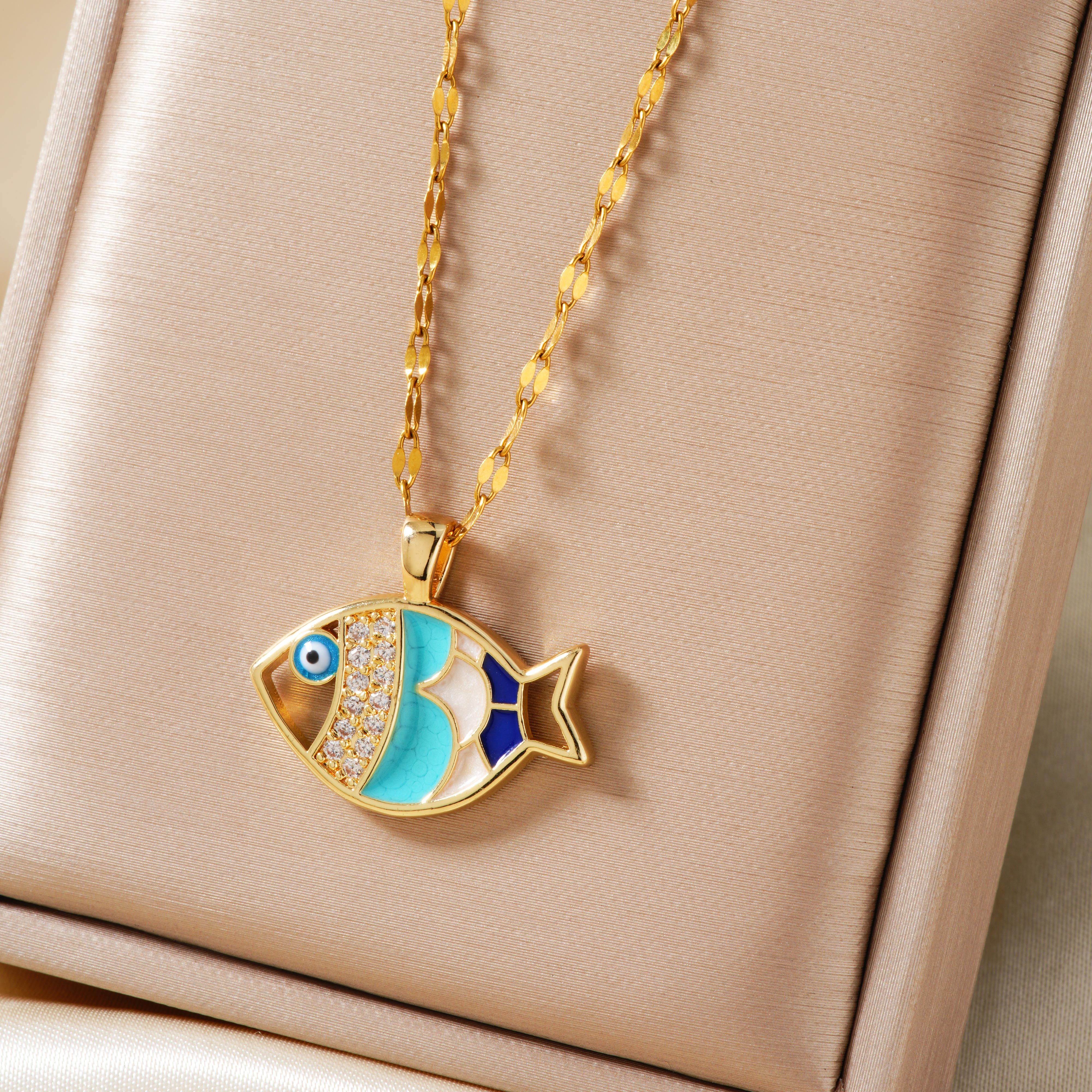 Golden Anti-Tarnish AD Studded Fish Design Pendant Necklace
