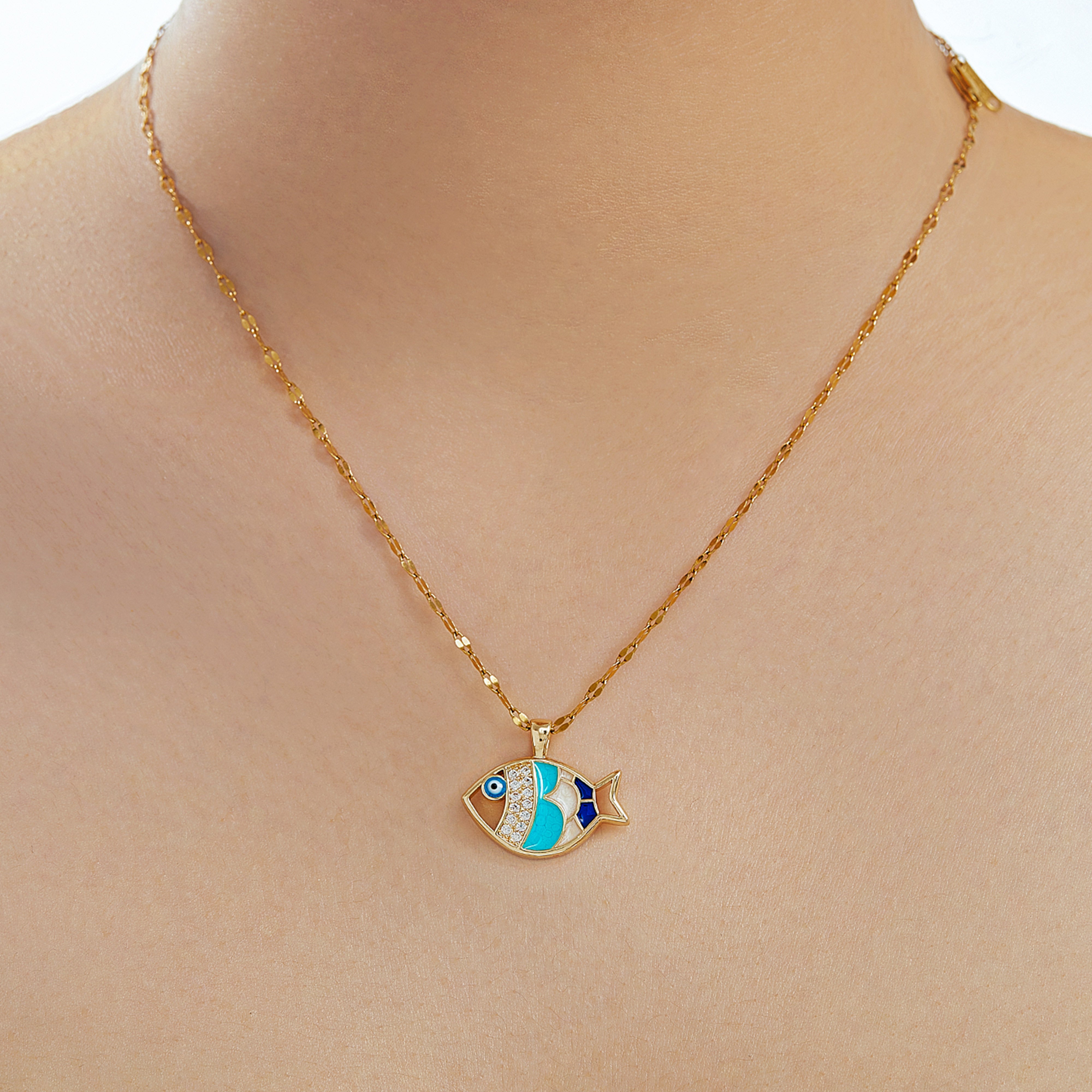 Golden Anti-Tarnish AD Studded Fish Design Pendant Necklace