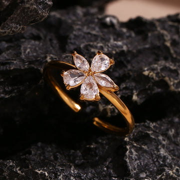 Golden Anti-Tarnish Flower Design Crystal Studded Open Ring