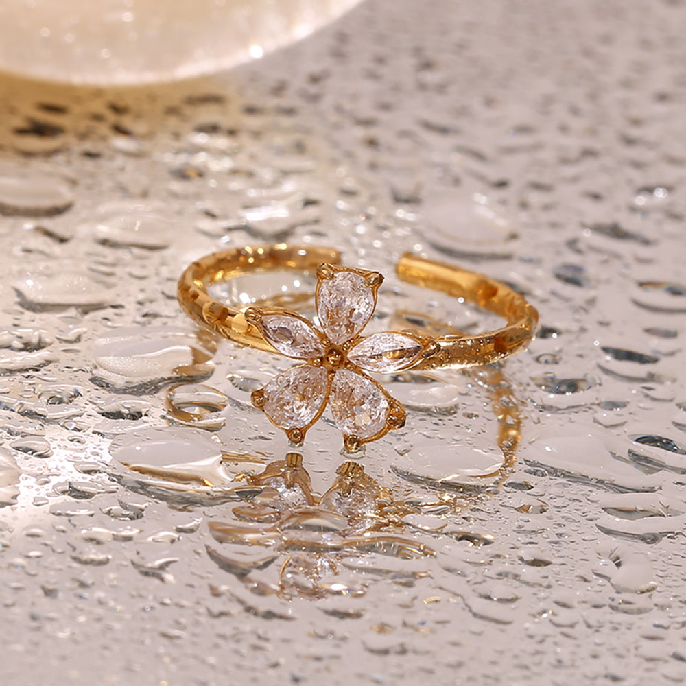 Golden Anti-Tarnish Flower Design Crystal Studded Open Ring