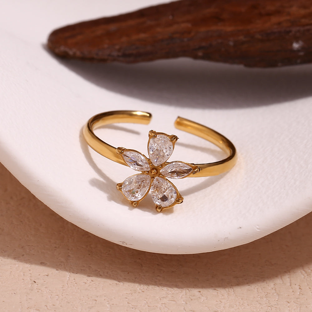 Golden Anti-Tarnish Flower Design Crystal Studded Open Ring