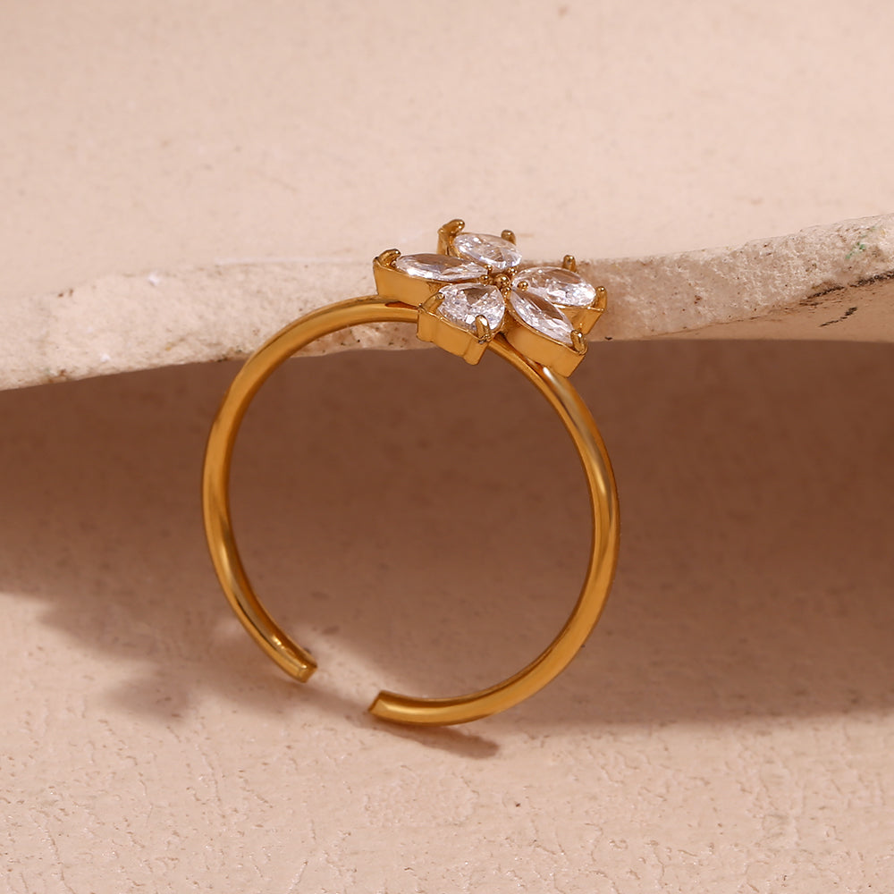 Golden Anti-Tarnish Flower Design Crystal Studded Open Ring
