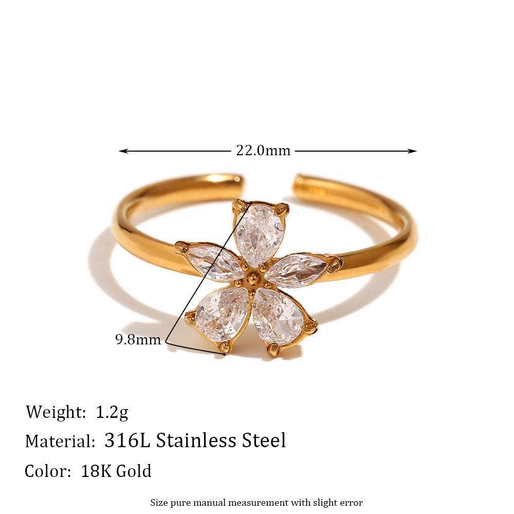 Golden Anti-Tarnish Flower Design Crystal Studded Open Ring