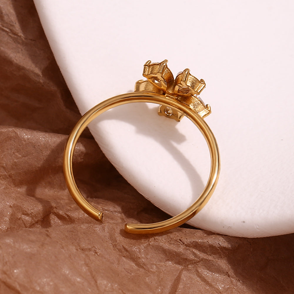 Golden Anti-Tarnish Flower Design Crystal Studded Open Ring