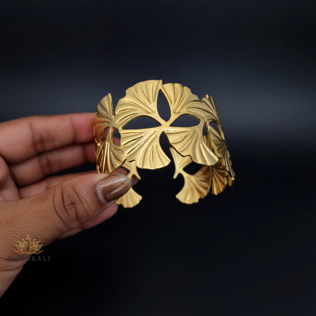 Golden Ginkgo Leaf Design Western Cuff Kada Bracelet