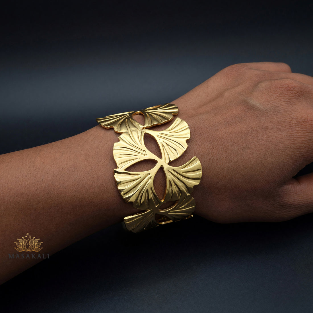 Golden Ginkgo Leaf Design Western Cuff Kada Bracelet