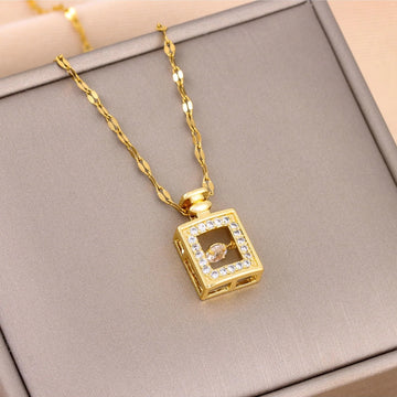 Golden Perfume Bottle Dancing Diamond Pendant Necklace