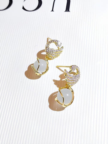 Golden Swan Pearl Drop Earrings, Crystal Studded Bird Earrings For Women, Korean Jewellery (MMIN1013)