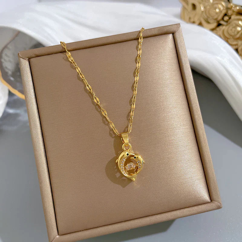 Golden Twin Dolphin Dancing Diamond Pendant Necklace