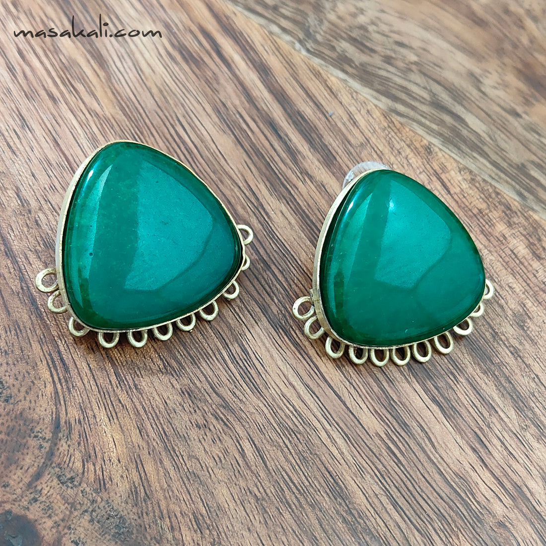 Green Resin Stone Earrings, Handmade Stud Jewellery