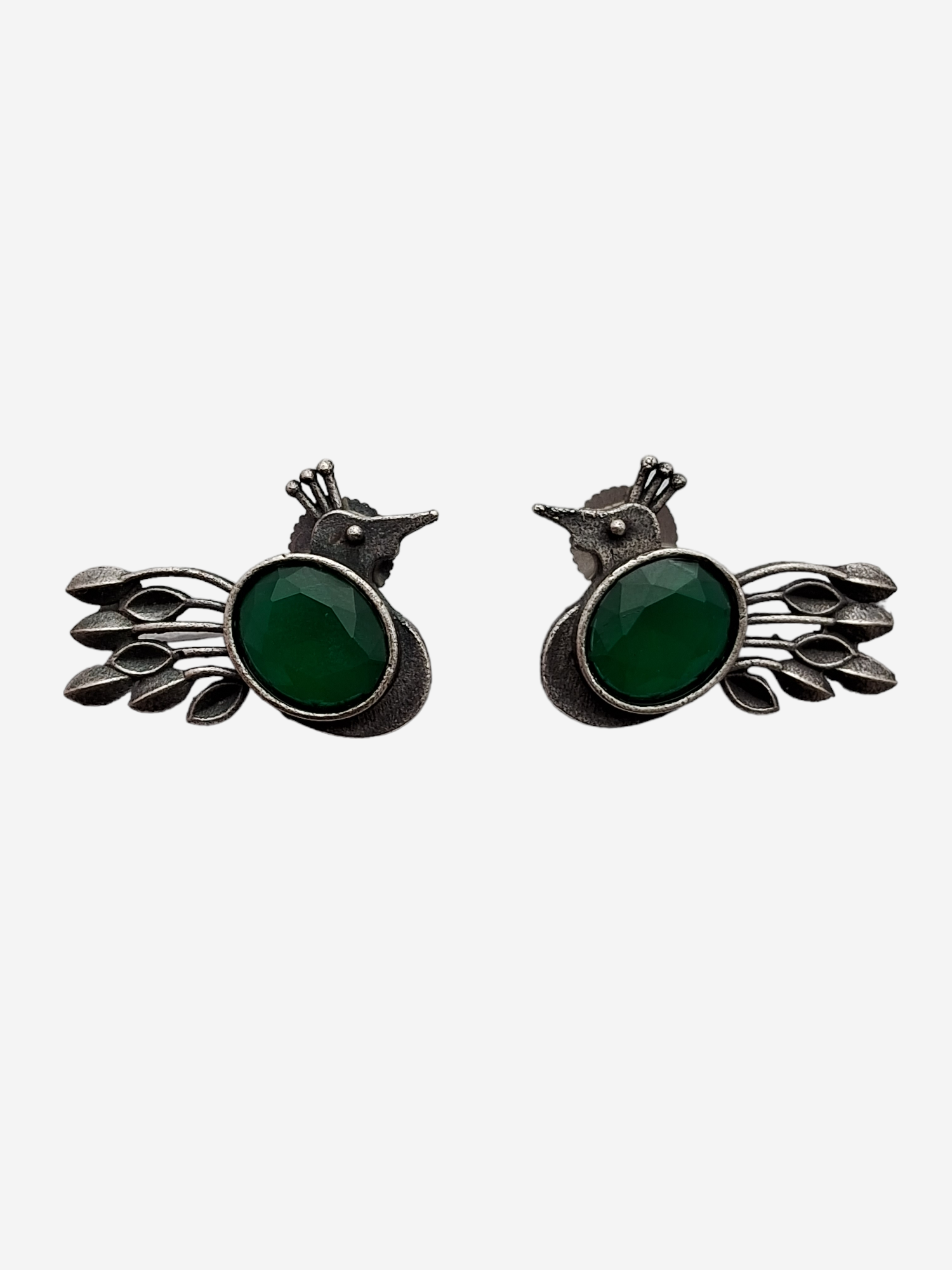 Green Stone Oxidised Bird Earrings, Peacock Silver Replica
