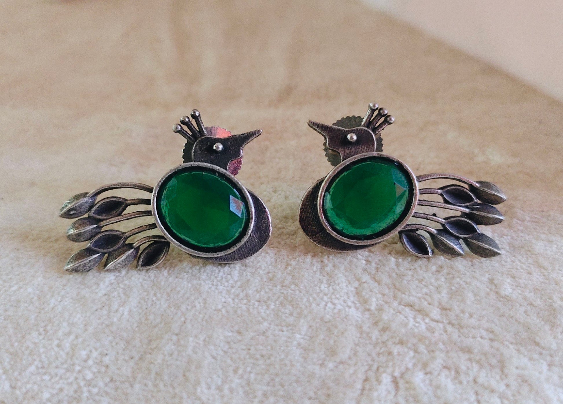 Green Stone Mor Shaped Oxidised Bird Earrings, Peacock Silver Replica Earrings