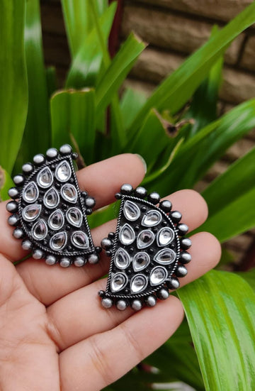 Half Moon Earrings, Crystal Stone Stud, Oxidized Matte Black Polish Antique Earrings (MKMH1005)