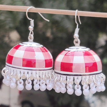 Hand-Painted Meenakari Checkered Jhumka Earrings