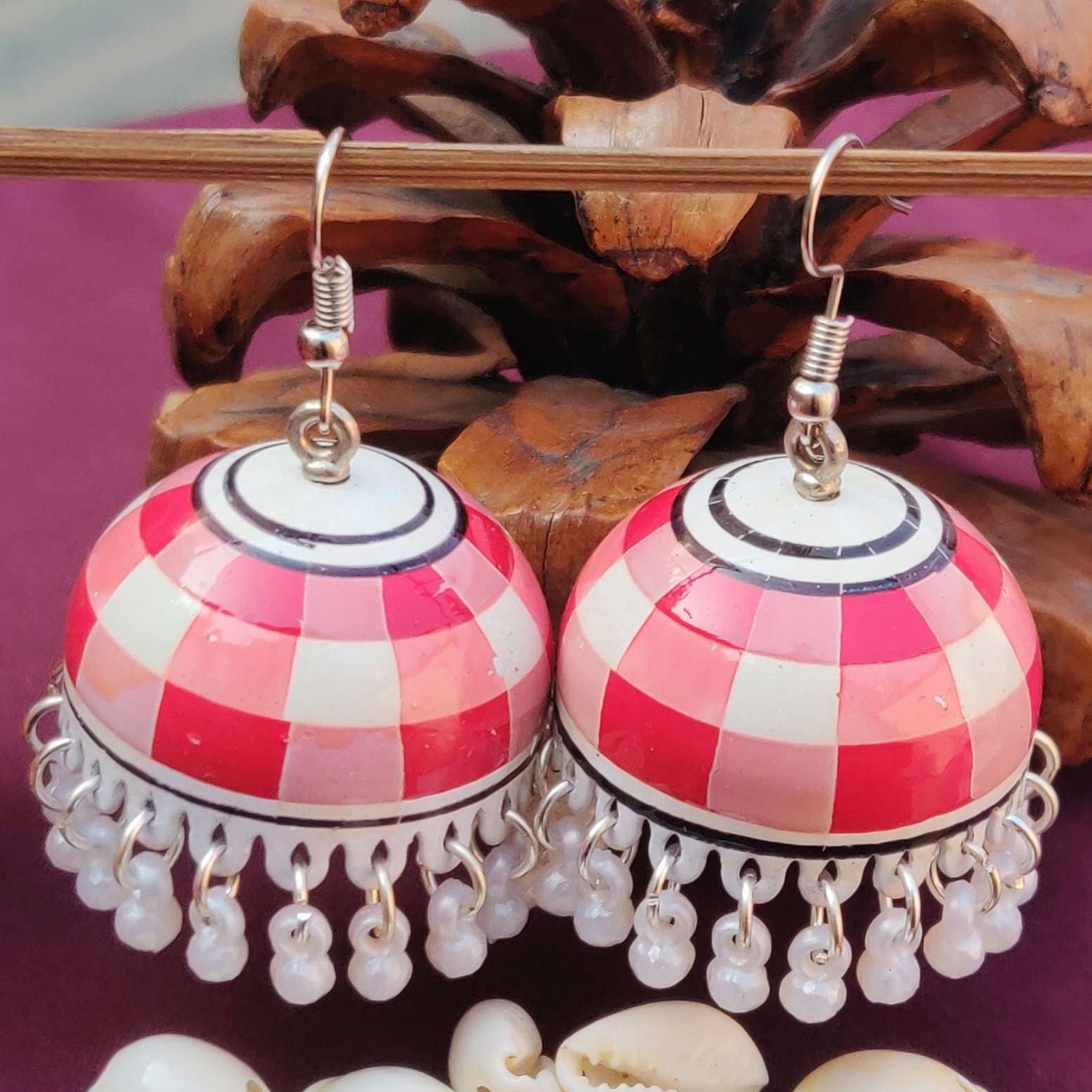 Hand-Painted Meenakari Checkered Jhumka Earrings