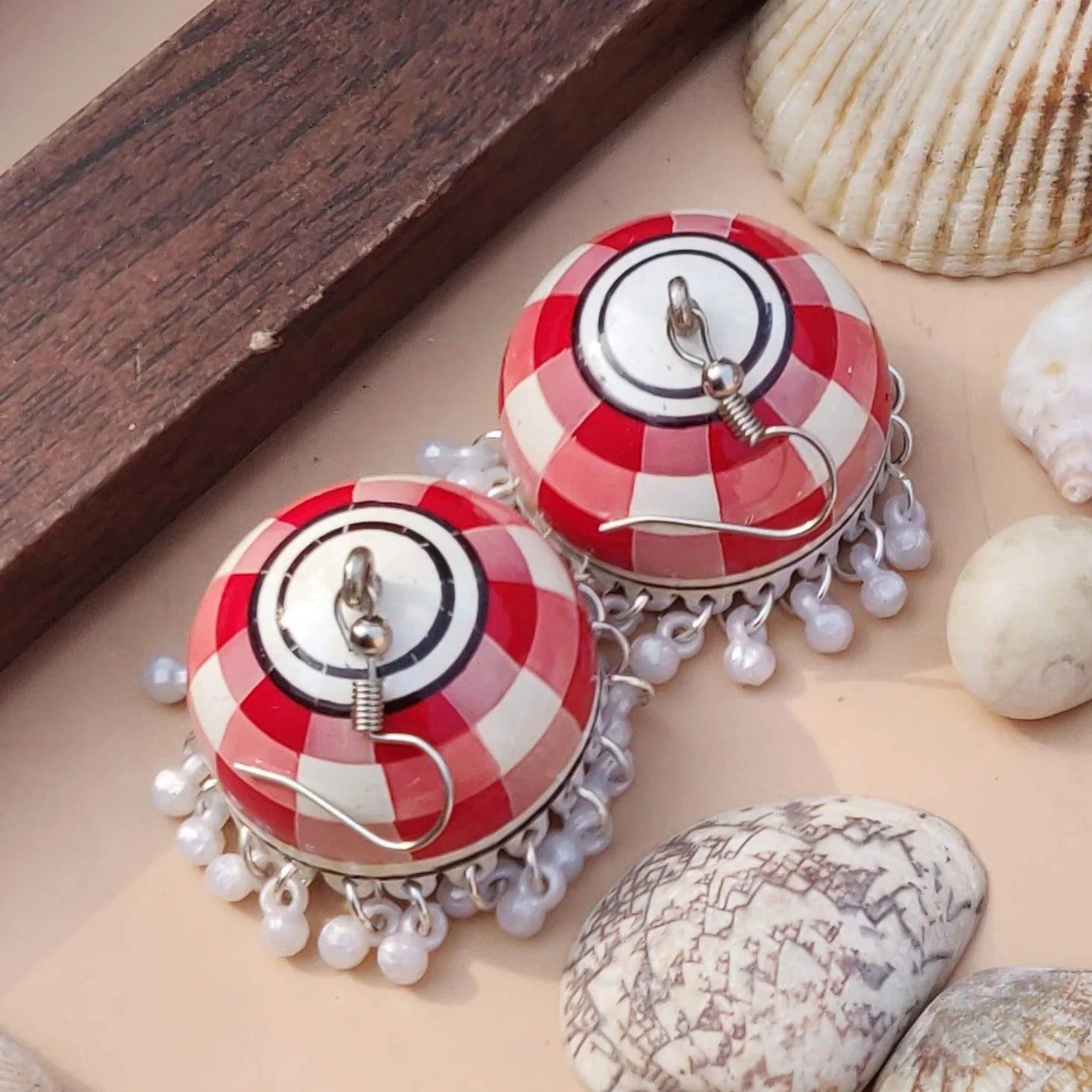 Hand-Painted Meenakari Checkered Jhumka Earrings