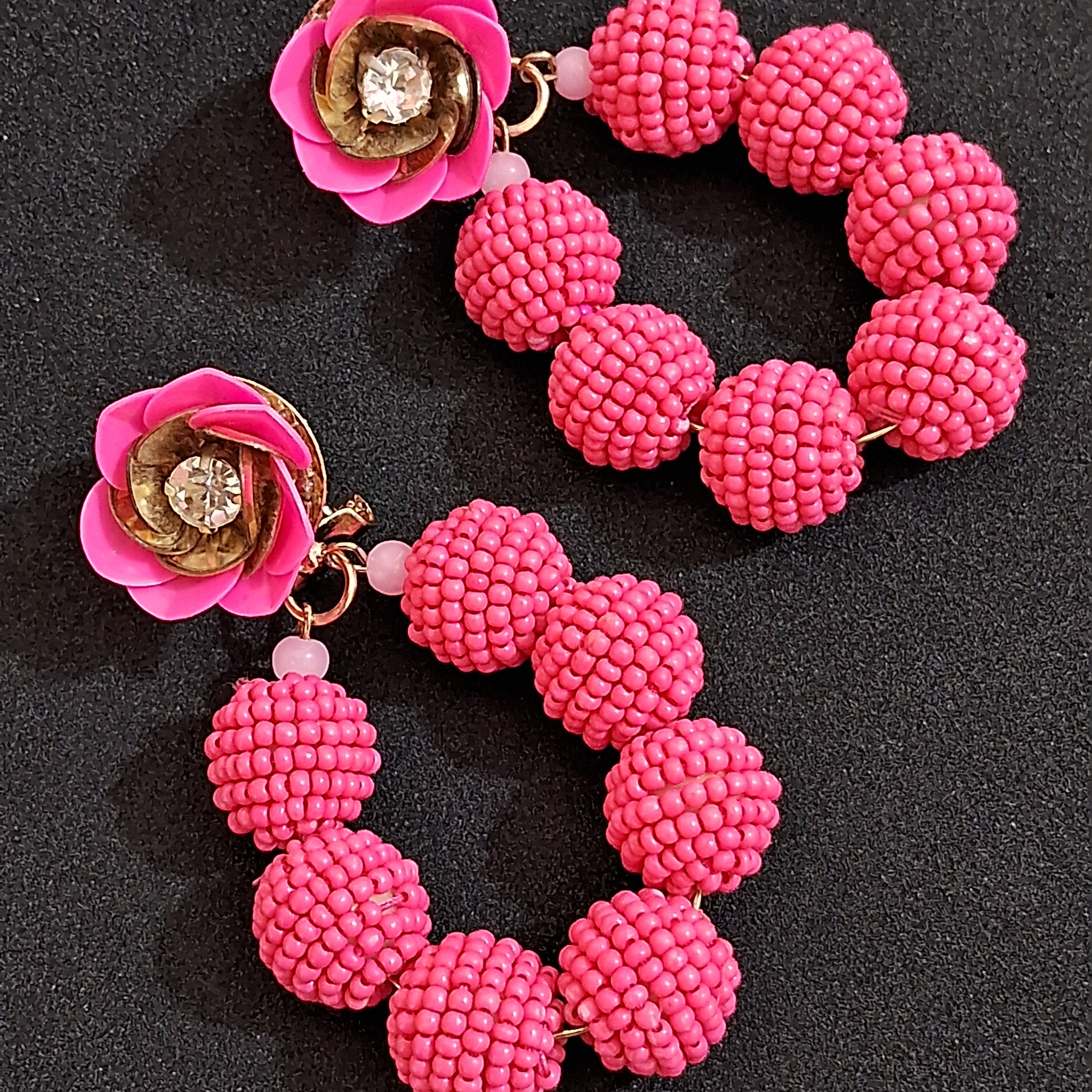 Handcrafted Pink Flower Earrings, Beaded Balls Dangle (MBNU1001)