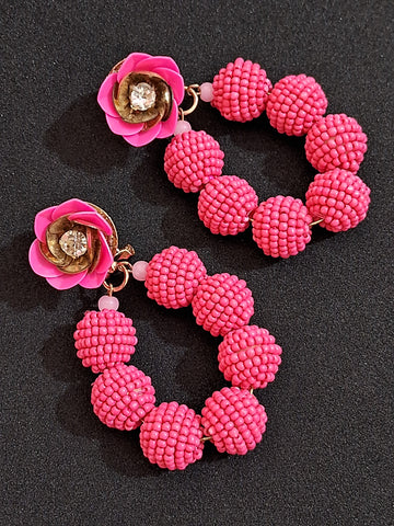 Handcrafted Pink Flower Earrings, Beaded Balls Dangle (MBNU1001)