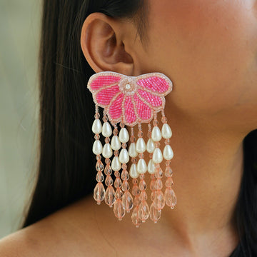 Handmade Beaded Floral Dangler Earrings, Pink