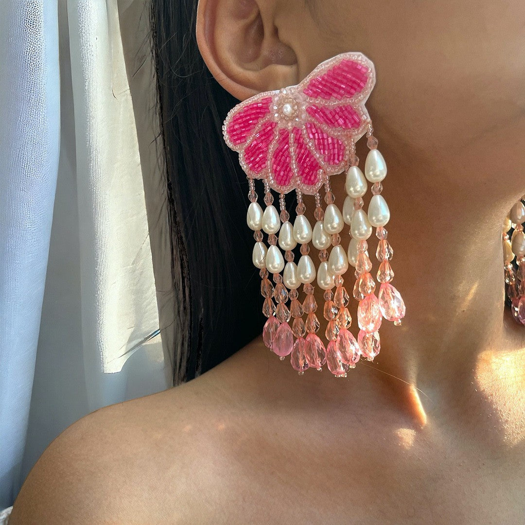 Handmade Beaded Floral Dangler Earrings, Pink