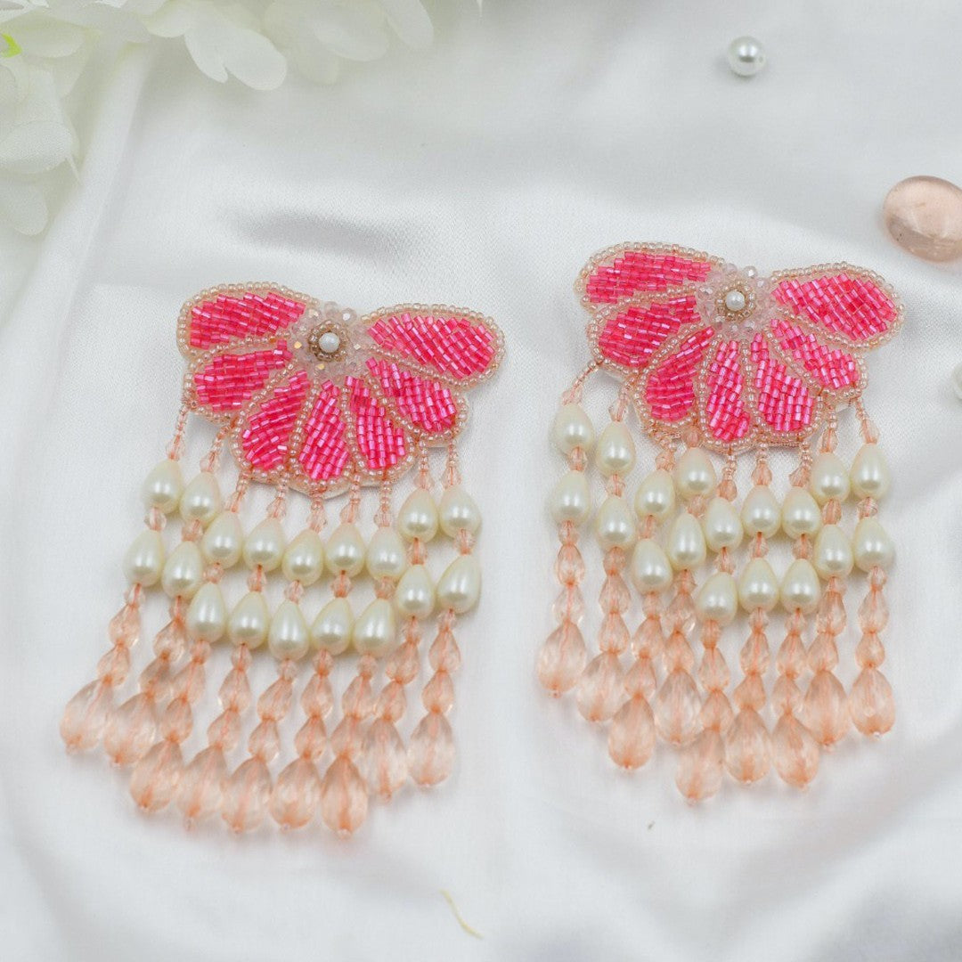 Handmade Beaded Floral Dangler Earrings, Pink