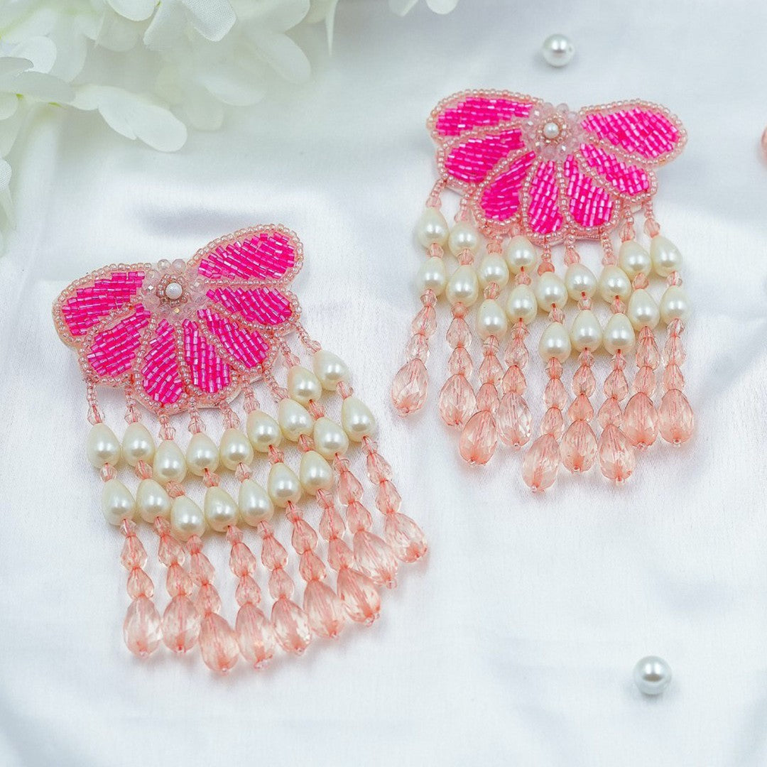 Handmade Beaded Floral Dangler Earrings, Pink