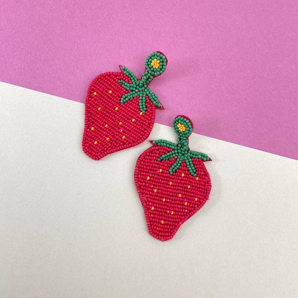 Handmade Beaded Strawberry Design Earrings