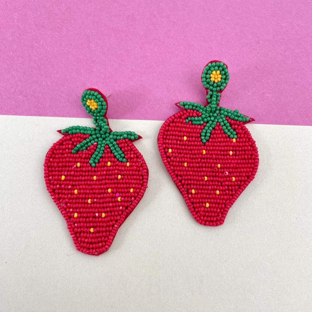 Handmade Beaded Strawberry Design Earrings