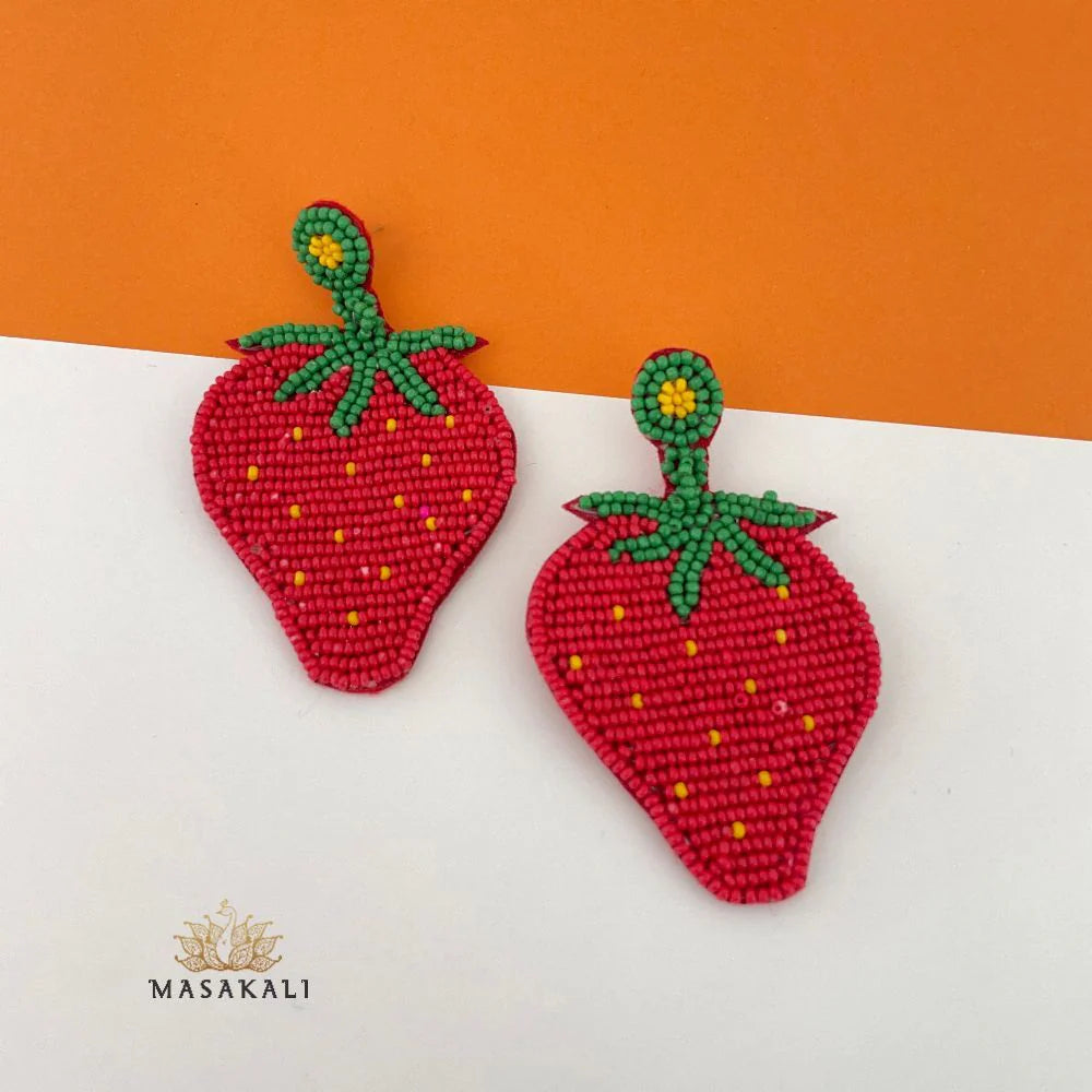 Handmade Beaded Strawberry Design Earrings