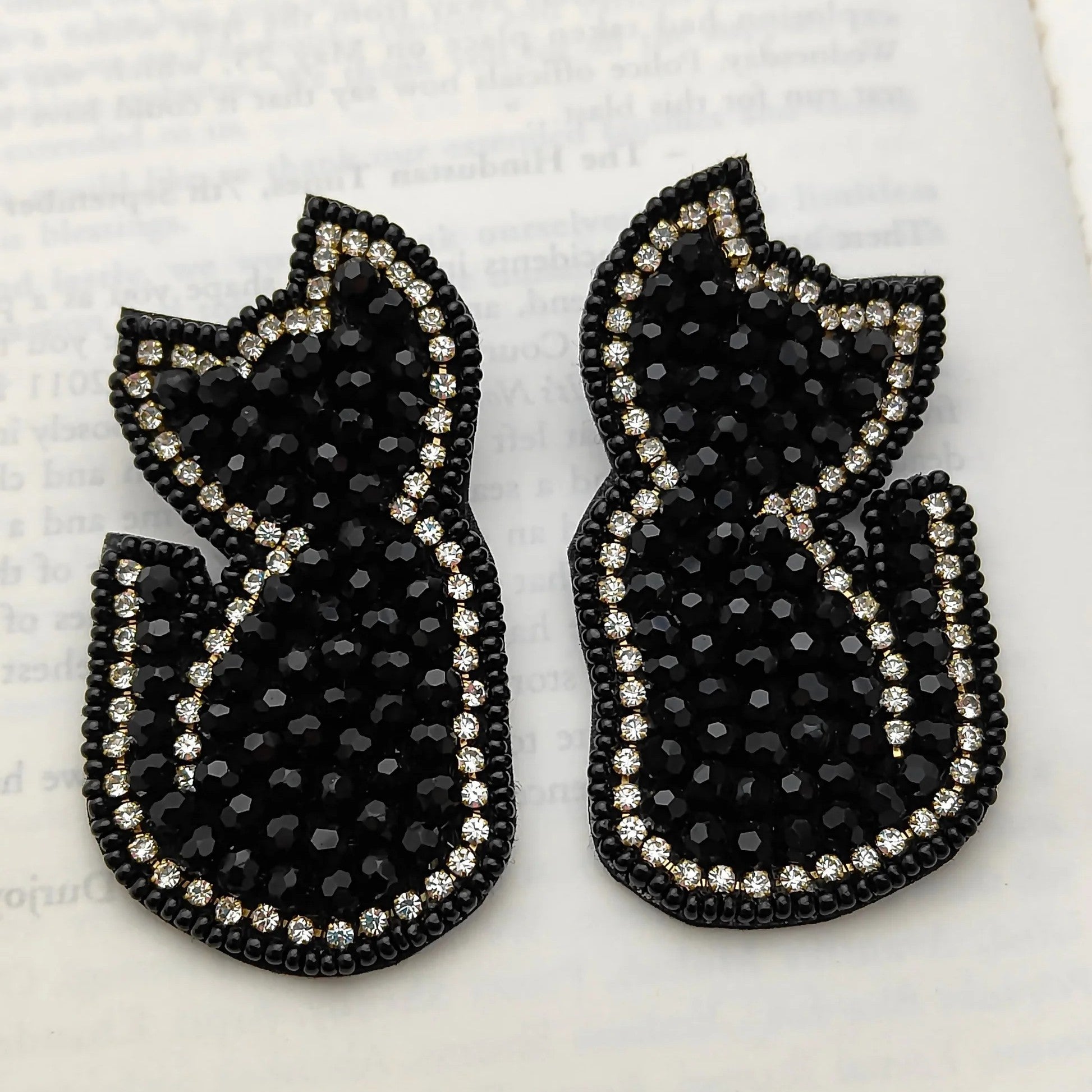 Handmade Black Cat Beaded Stone-Studded Earrings