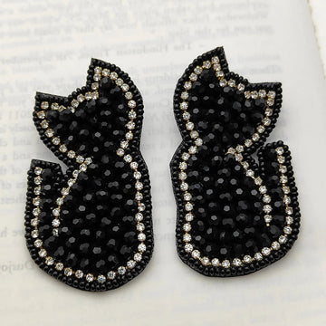 Handmade Black Cat Beaded Stone-Studded Earrings