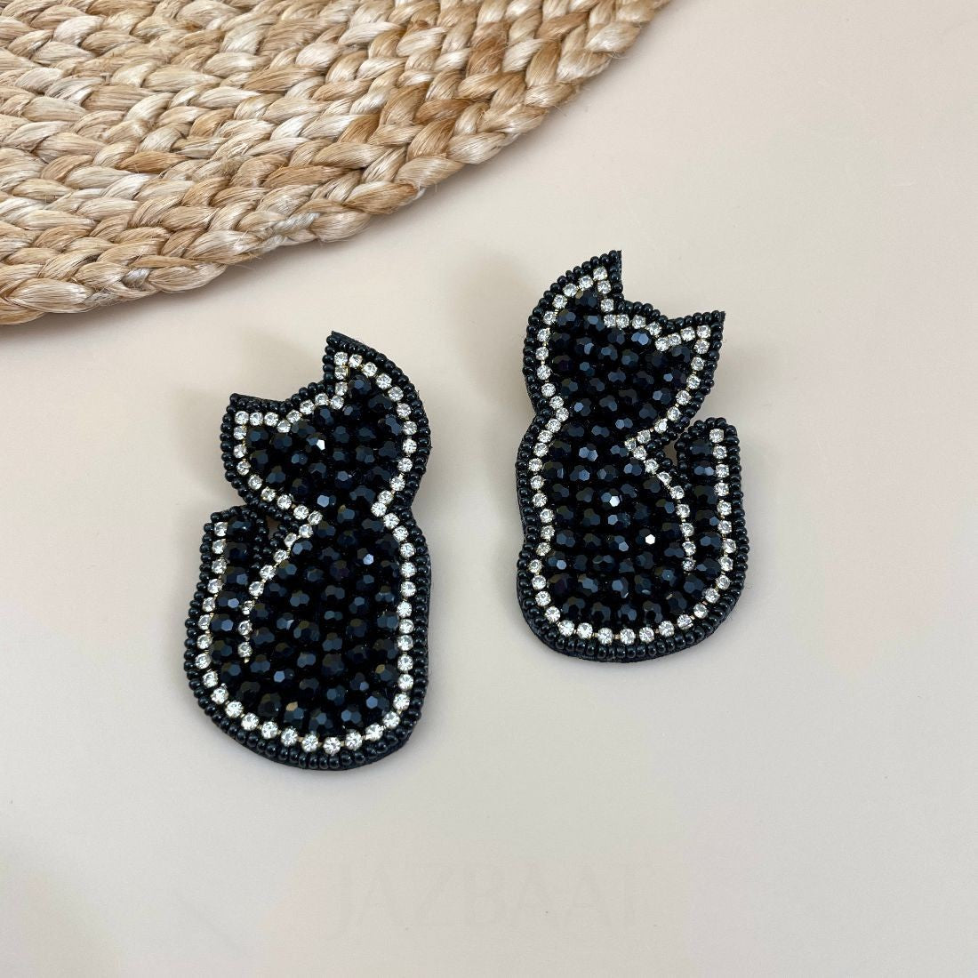 Handmade Black Cat Beaded Stone-Studded Earrings