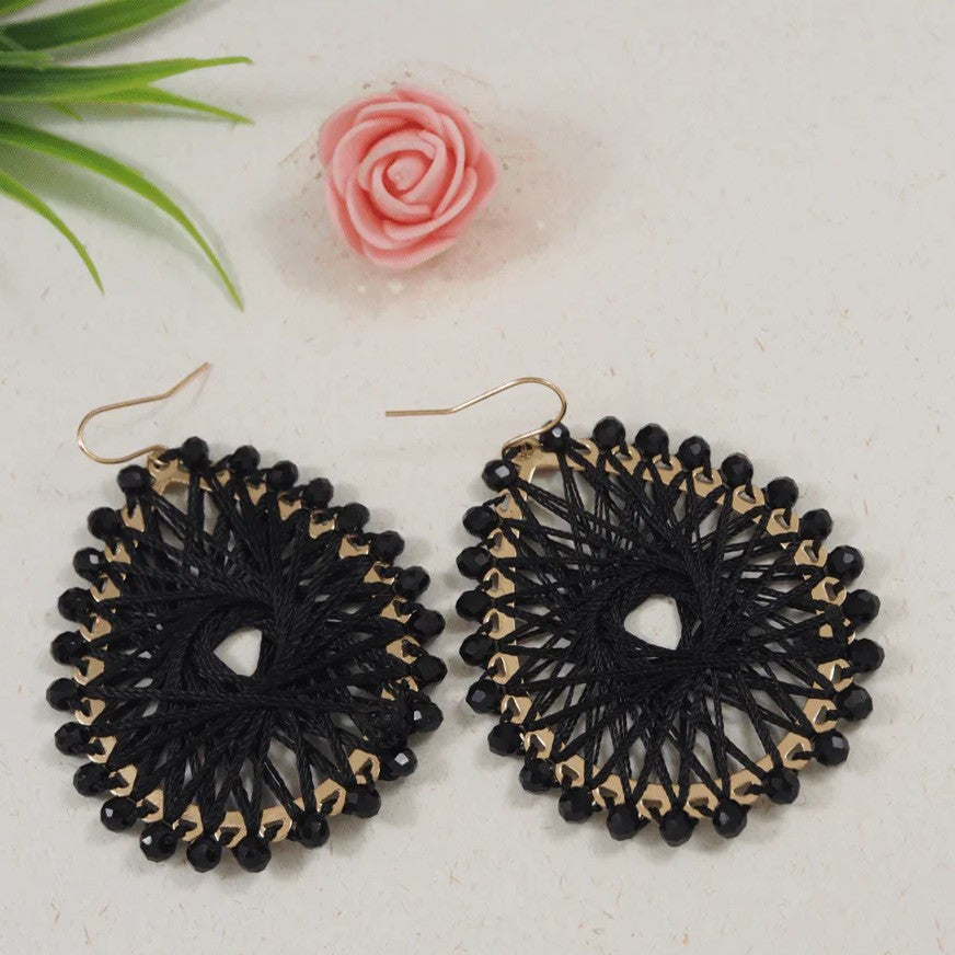 Handmade Crochet Black Crystal Studded Drop Earrings