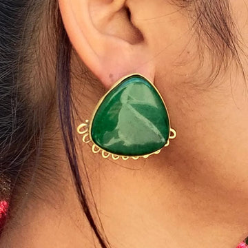 Handmade Green Resin Stone Brass Stud Earrings