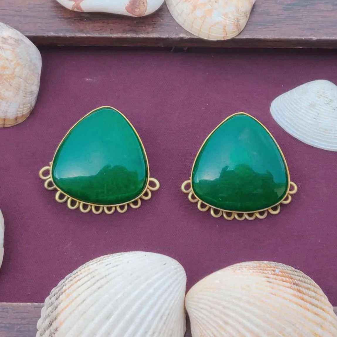 Handmade Green Resin Stone Brass Stud Earrings
