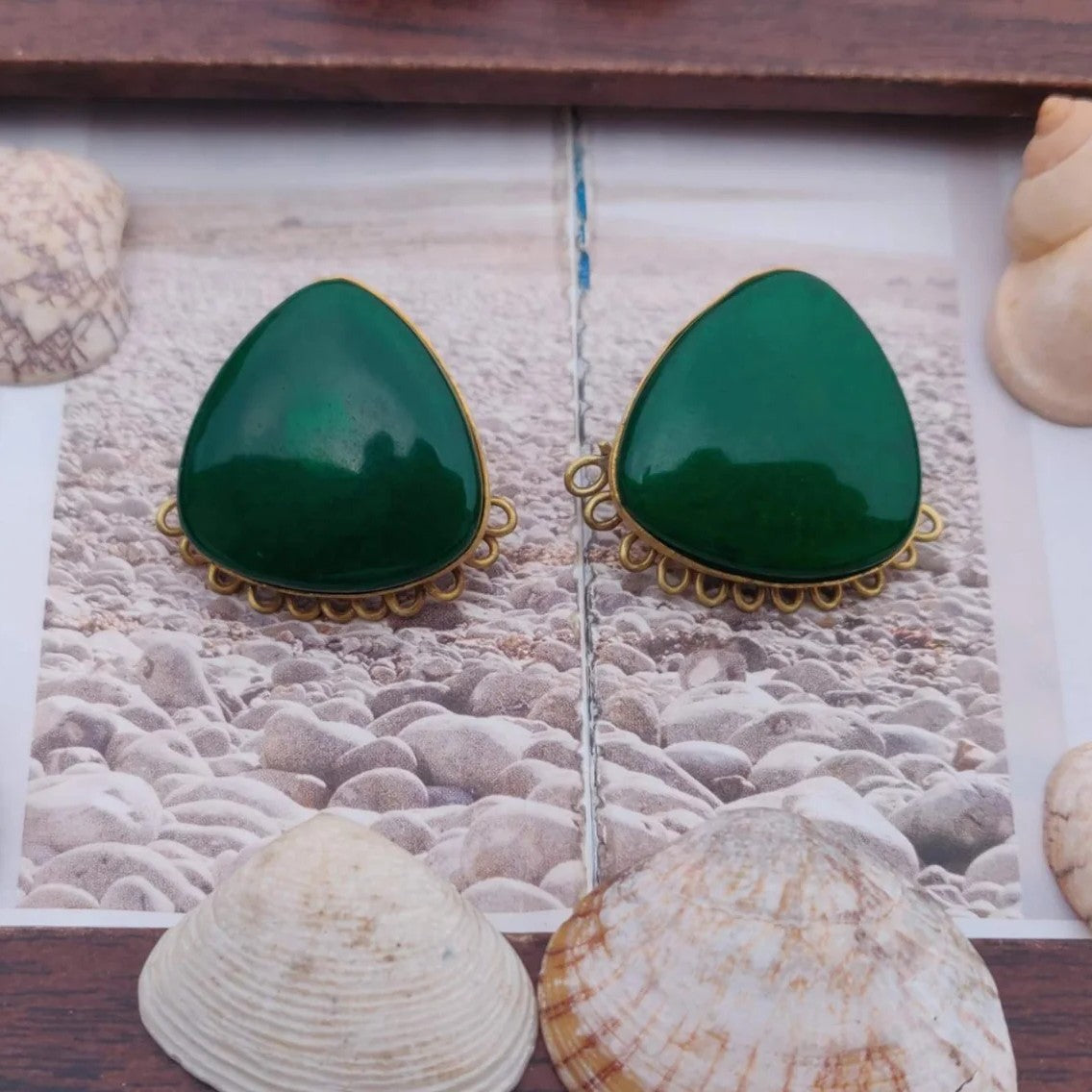 Handmade Green Resin Stone Brass Stud Earrings