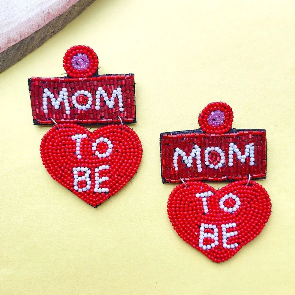 Handmade Heart-Shaped 'Mom To Be' Beaded Dangler Earrings