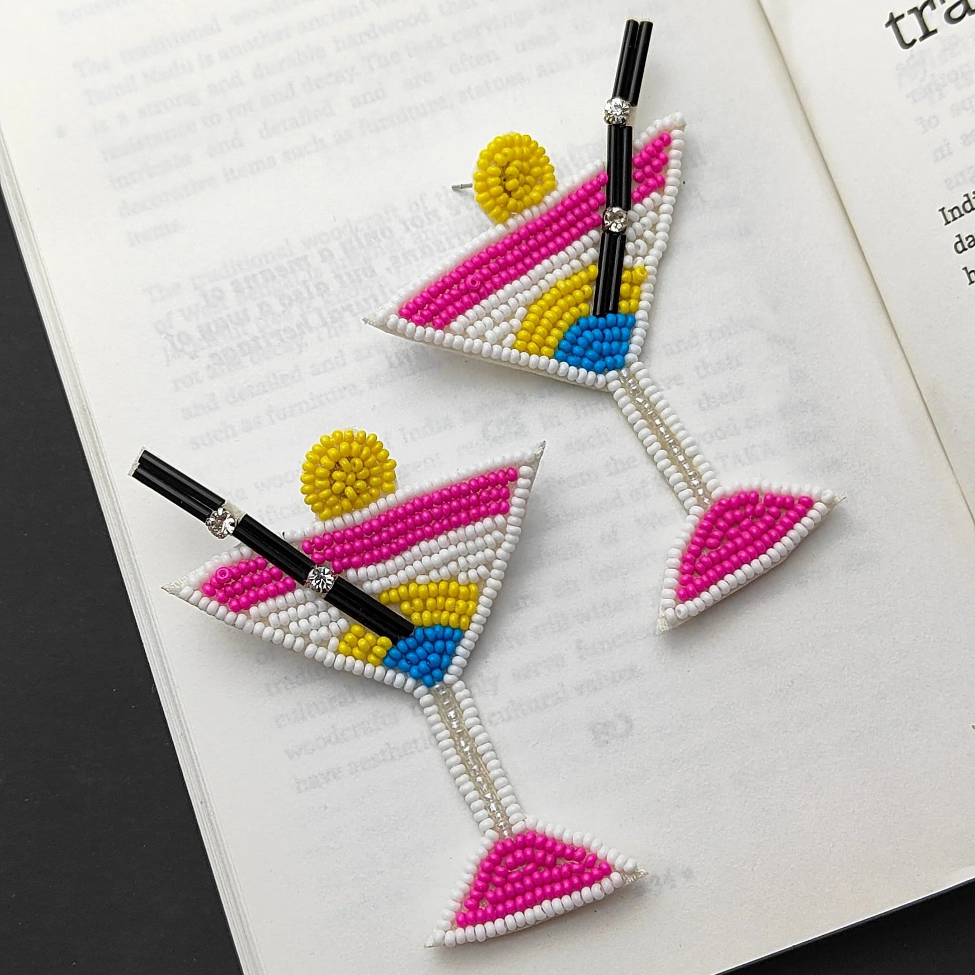 Handmade Martini Cocktail Glass Quirky Embroidered Earrings