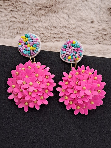 Handmade Pink Floral Design Earrings, Multicolored Beads (MBNU1002)