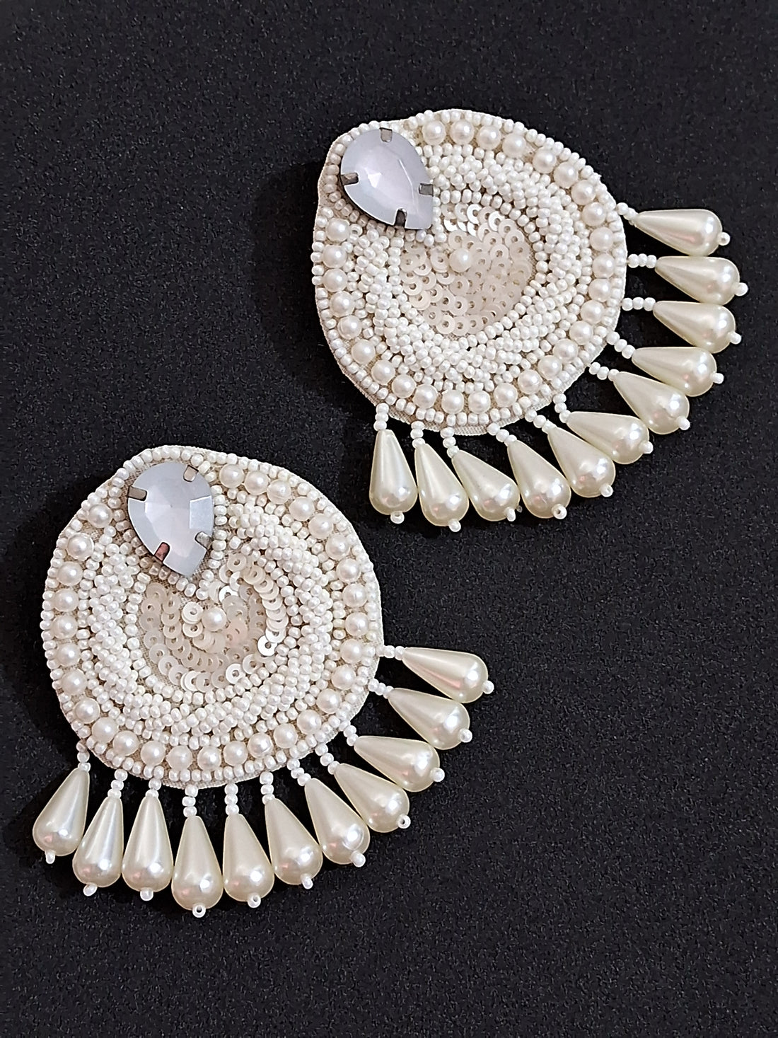 Handmade Sequin White Embroidery Earrings