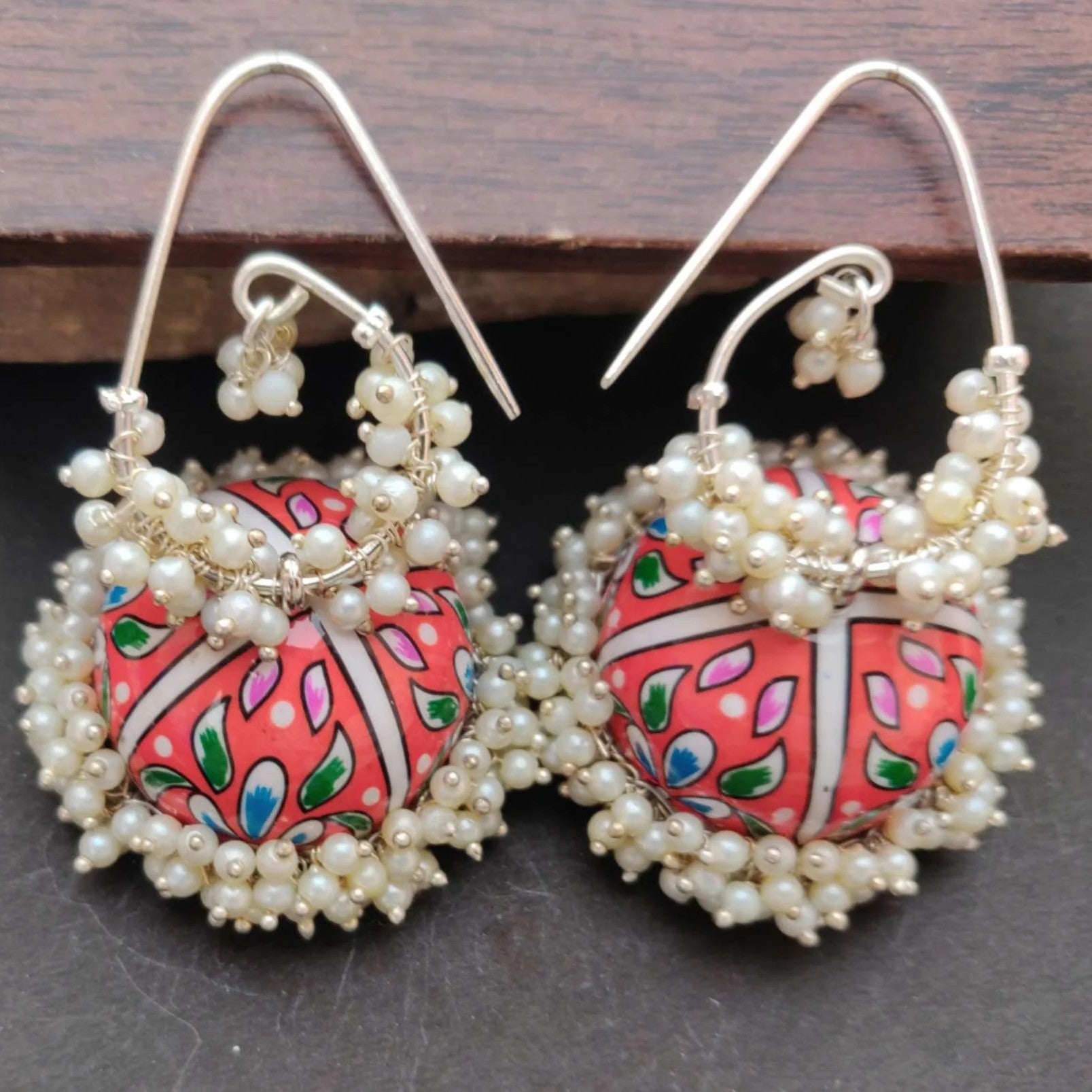 Handpainted Meenakari Beaded Floral Jhumka Earrings