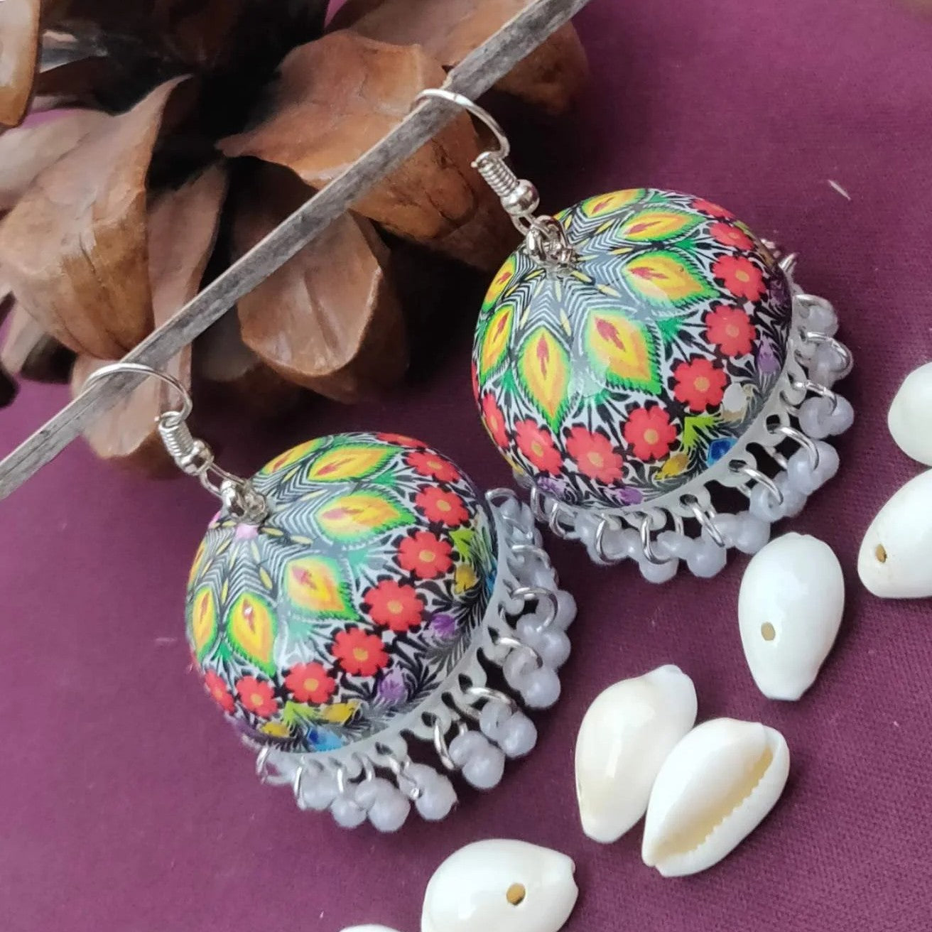 Handpainted Meenakari Rangoli Design Jhumki Earrings