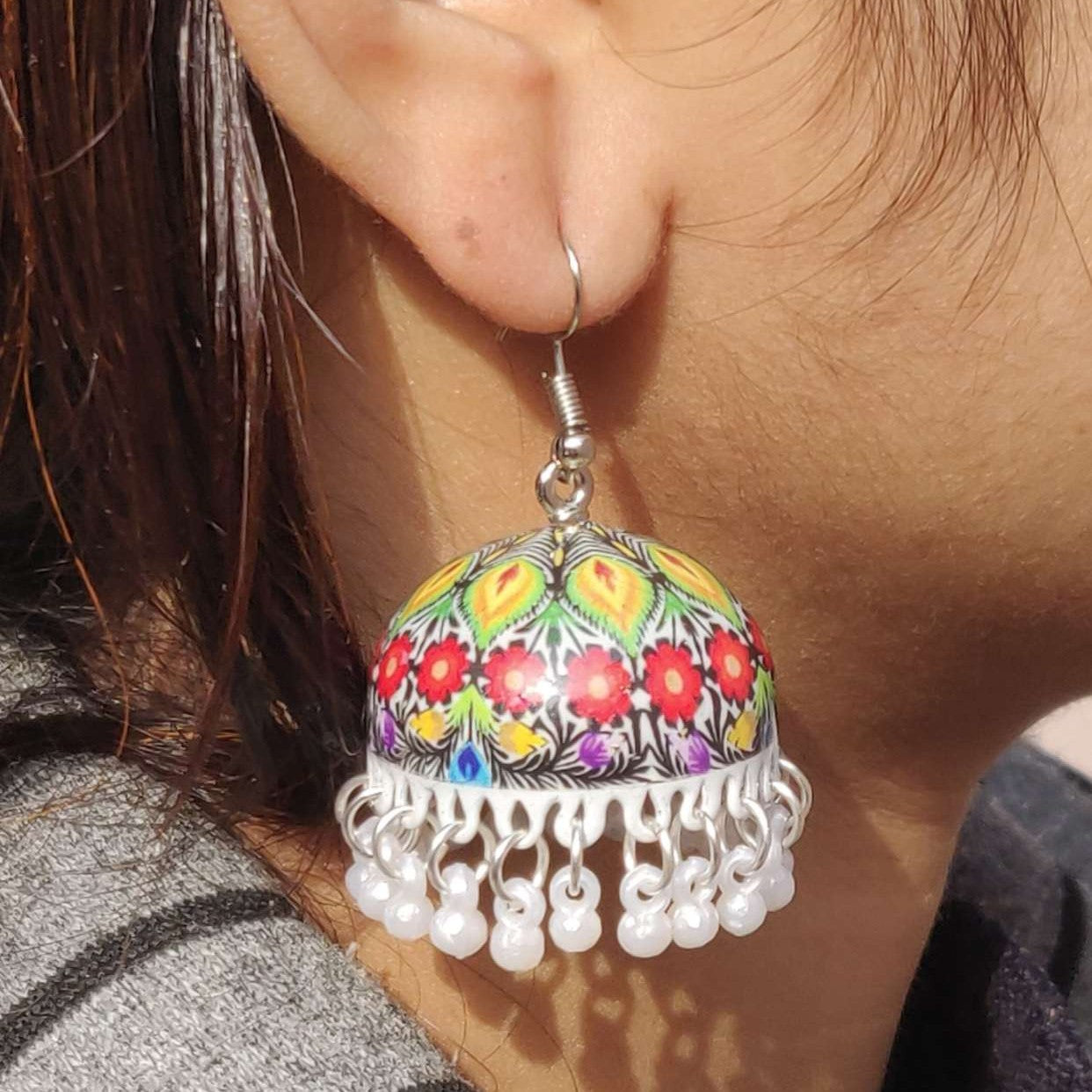 Handpainted Meenakari Rangoli Design Jhumki Earrings