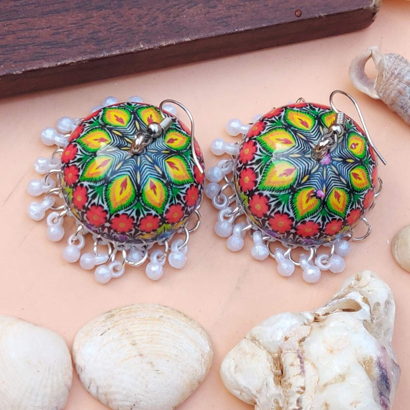 Handpainted Meenakari Rangoli Design Jhumki Earrings