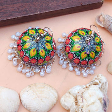 Handpainted Meenakari Rangoli Design Jhumki Earrings