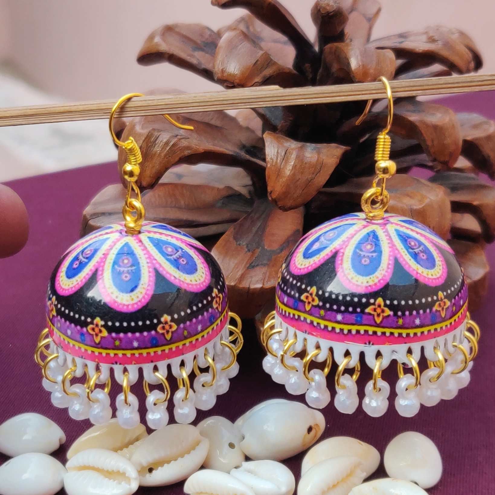 Handpainted Meenakari Rangoli Design Navratri Jhumka Earrings (MERDRP180)