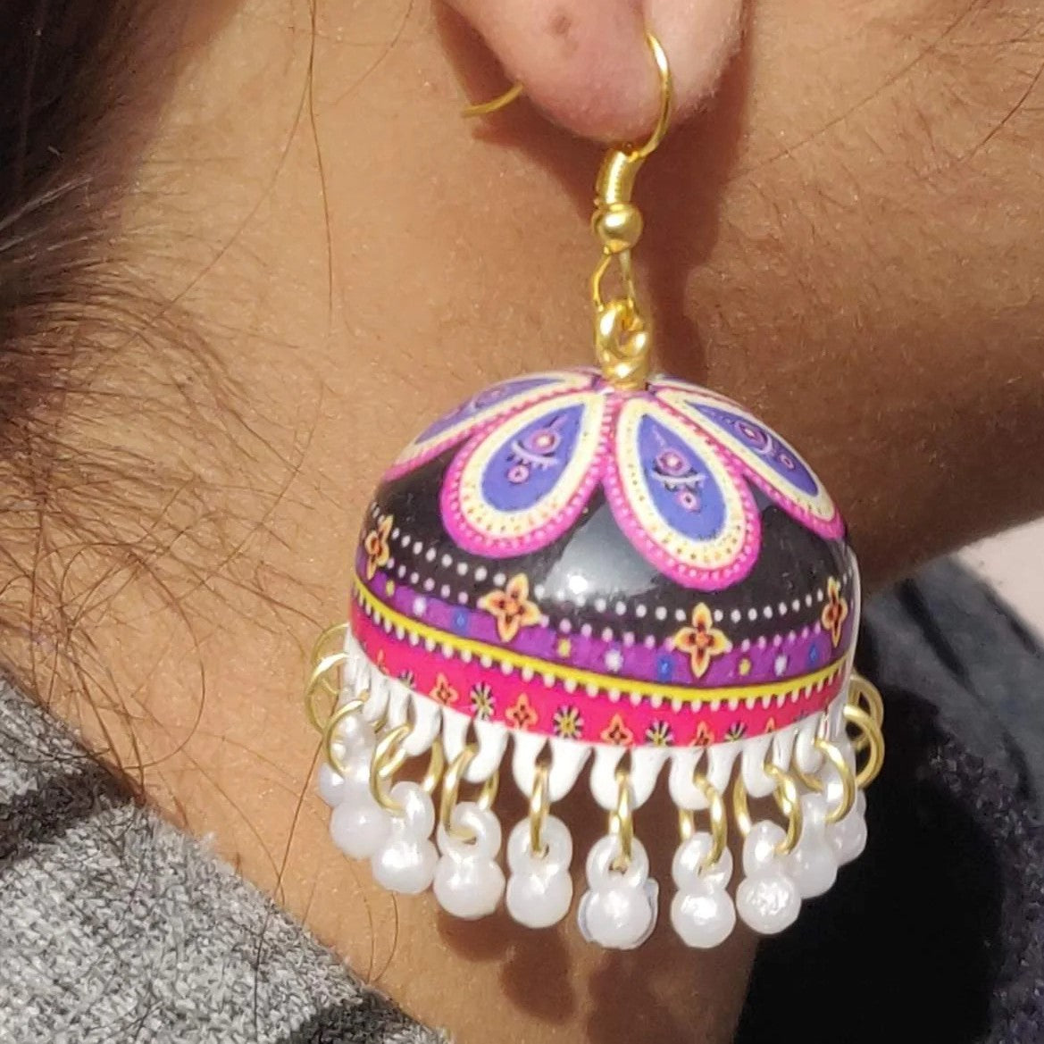 Handpainted Meenakari Rangoli Design Navratri Jhumka Earrings (MERDRP180)